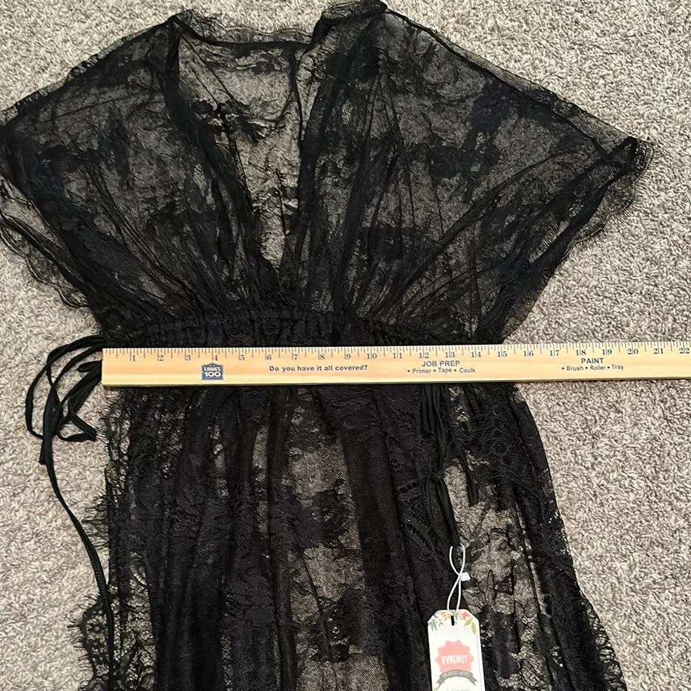 Vvbehot Sheer Black Lace Robe‎ with Deep V-Neck and Flowing Design